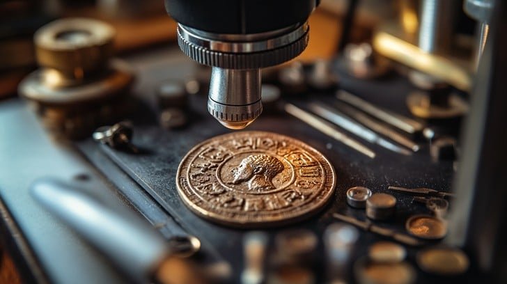 antique coin examination stockcake